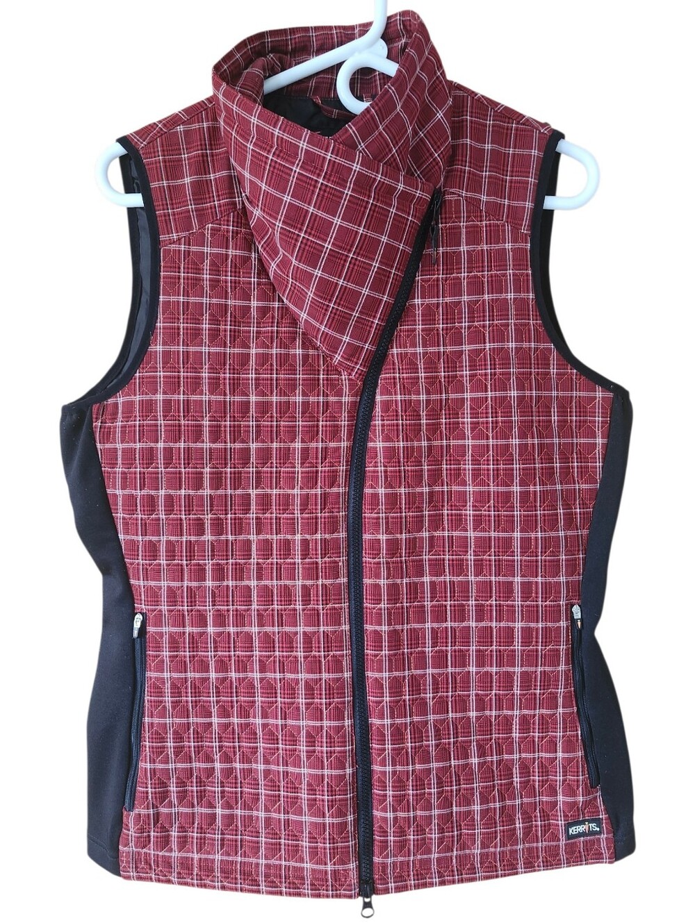 Kerrits Plaid Counter Balance Quilted Riding Vest Burgundy Asymmetric Zip. Sz L